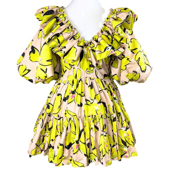 Aje Mini Dress Pelicano Floral‎ Green Chartreuse Tan Balloon Sleeve Ruffle Sz 8 - Picture 8 of 13